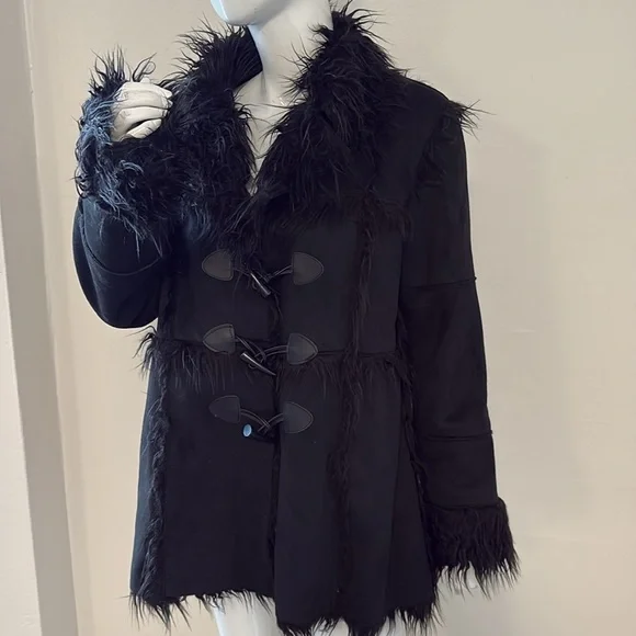 Dolls Kill Current Mood Black Vegan Suede Faux Fur Trim Penny Lane Toggle Coat - Picture 2 of 7